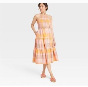 Universal Thread Yellow and Pink Plaid Midi Dress